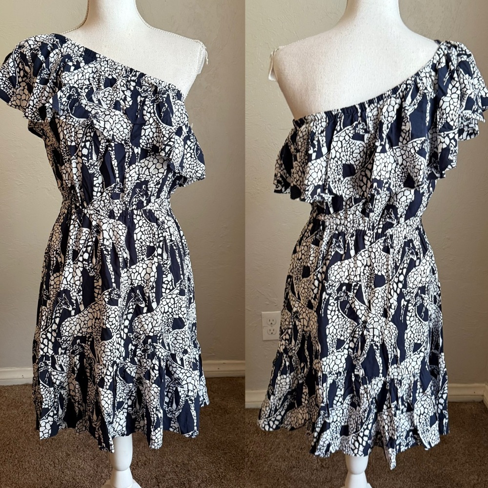 Crown and Ivy Giraffe Print One Shoulder Flounce Dress XS Navy and White